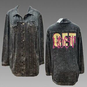 Lovesick +4 Black Washed-Out Get Lost Graphic Button Pockets Long Sleeve Shacket